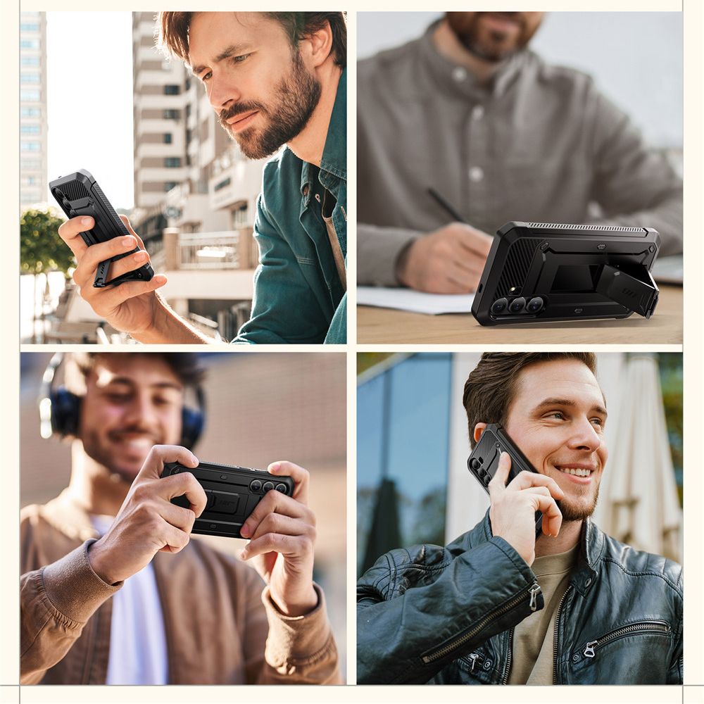 Etui pancerne z osłoną na ekran, z wbudowaną podstawką i kaburą z klipsem obrotowym Supcase Unicorn Beetle Pro do Galaxy S25, czarne